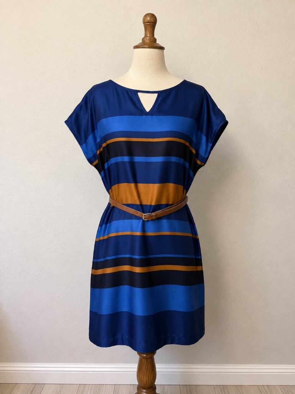 O'STIN Blue Striped Shift Dress Belted Short Sleeve Size L